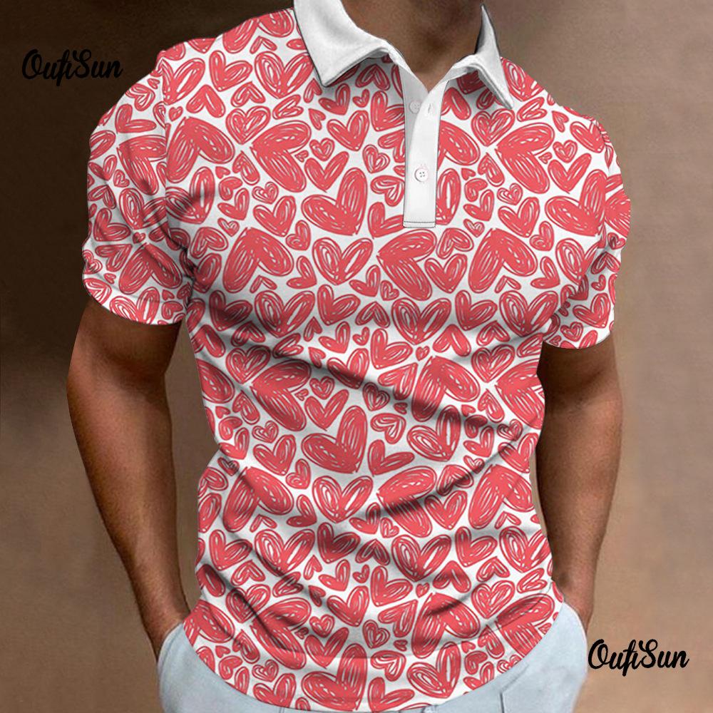 Trendy short-sleeve polo, heart print casual daily wear
