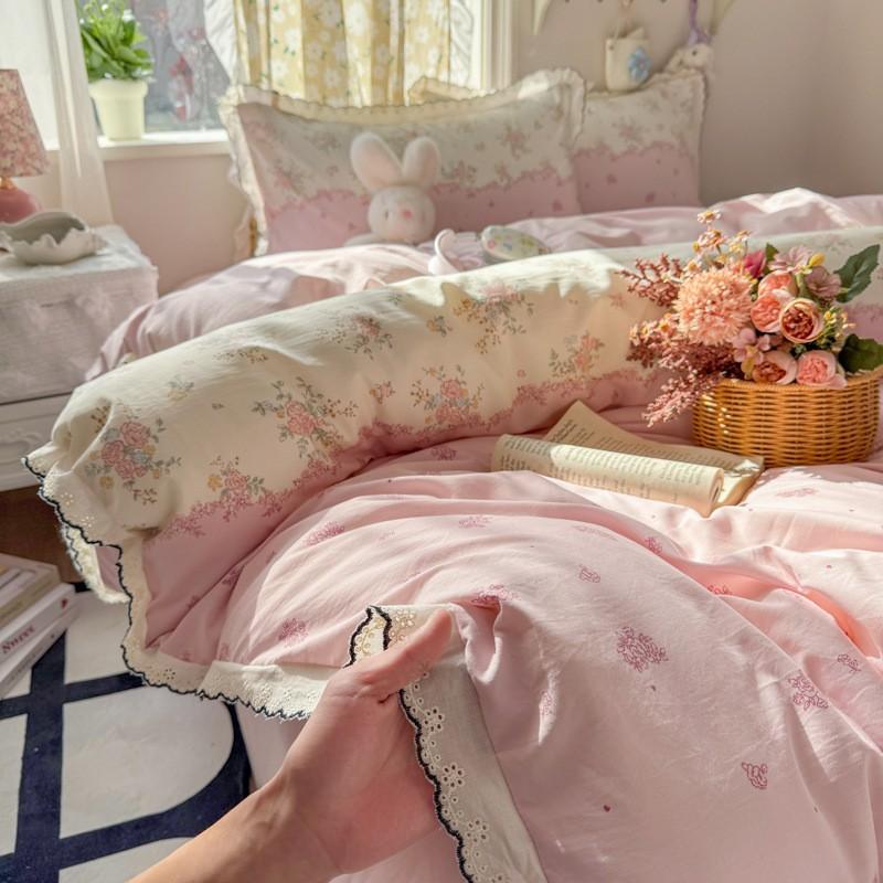 2026 Faux Cotton Washed Lace Bedding Set Floral Duvet Cover