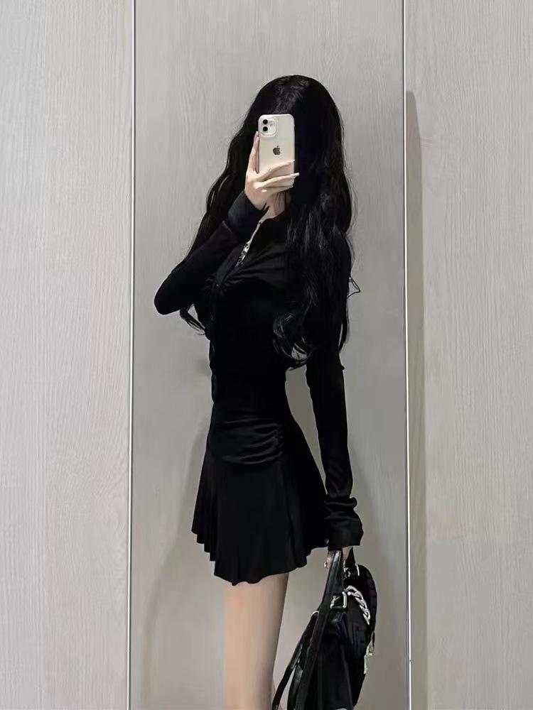 Pure waist pleated short shirt dress women's autumn American sports style polo collar waist age-reducing umbrella skirt