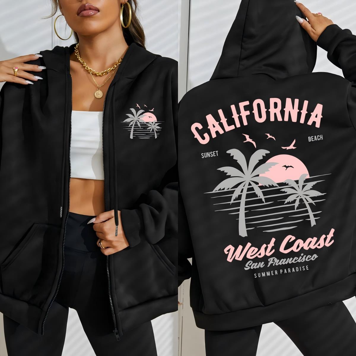 

Калифорнийские закаты на пляже западного побережья, узор, женская толстовка на молнии, модная осенняя худи с карманом, уличная одежда, флисовый свободный топ S