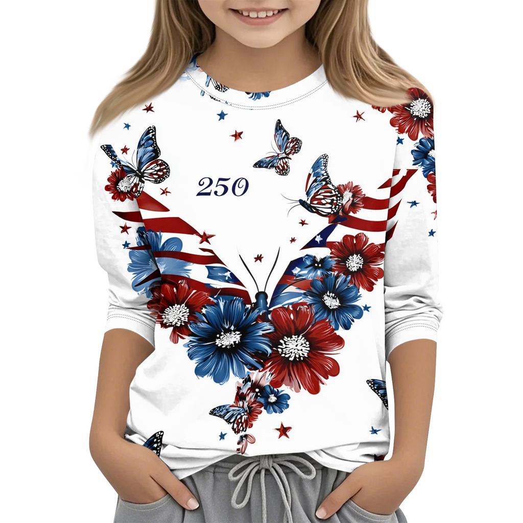 Children's Independence Day Printed Round Neck Seven Quarter Sleeve Casual T-shirt