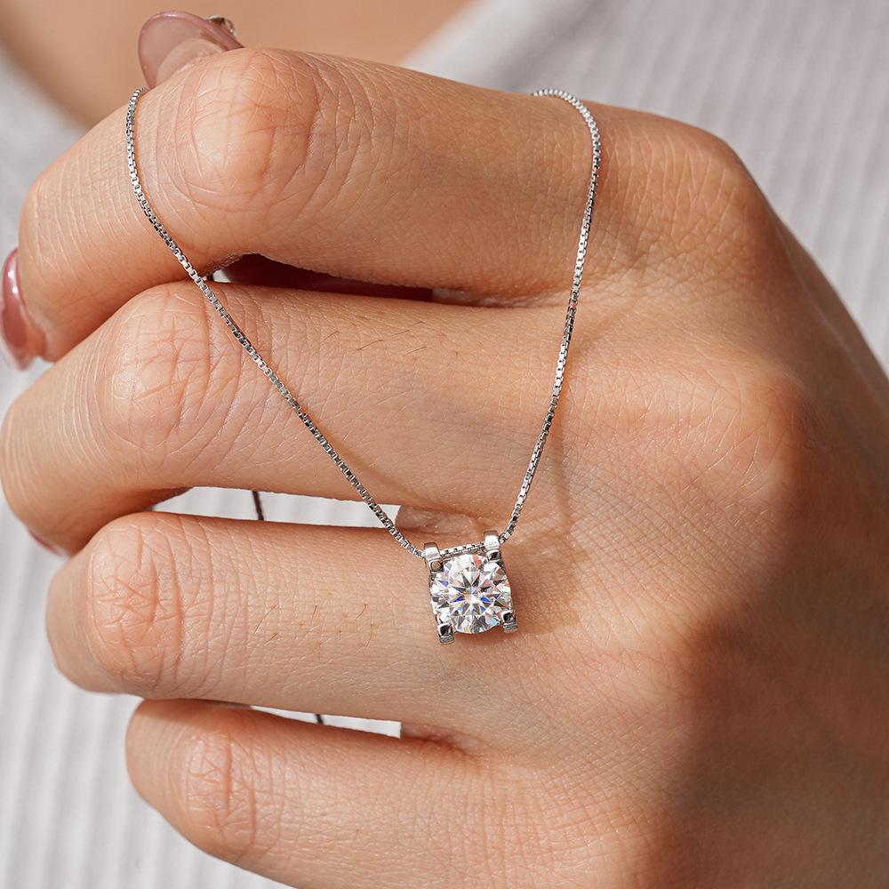 Moissanite Pendant Necklace for Women, Real 925 Silver Chain Solitaire Pendant Jewelry Gifts 1CT 2CT