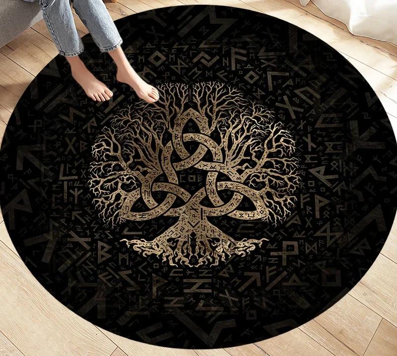 Viking Valknut Yggdrasil Tree of Life Area Rug Round Carpets Rugs for Living Room Bedroom Foot Pad Decoration Non-slip Floor Mat