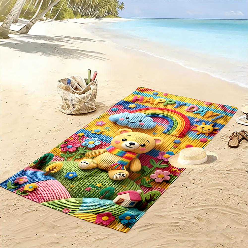 Cute Teddy Bear with Rainbow and Clouds Beach Towel Quick-drying for Travel Outdoor Sports Jogging Beach and Swimming