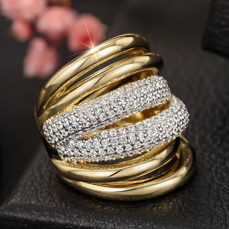 Huitan Luxus Mehrschichtige Ringe Goldfarbe Strahlender Kubischer Zirkonia Fingeraccessoires für Damen Modischer Brillanter Schmuck 10 white