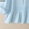 ZANZEA Summer Women Round Neck Solid Color 3/4 Sleeve Crochet Casual Blouse