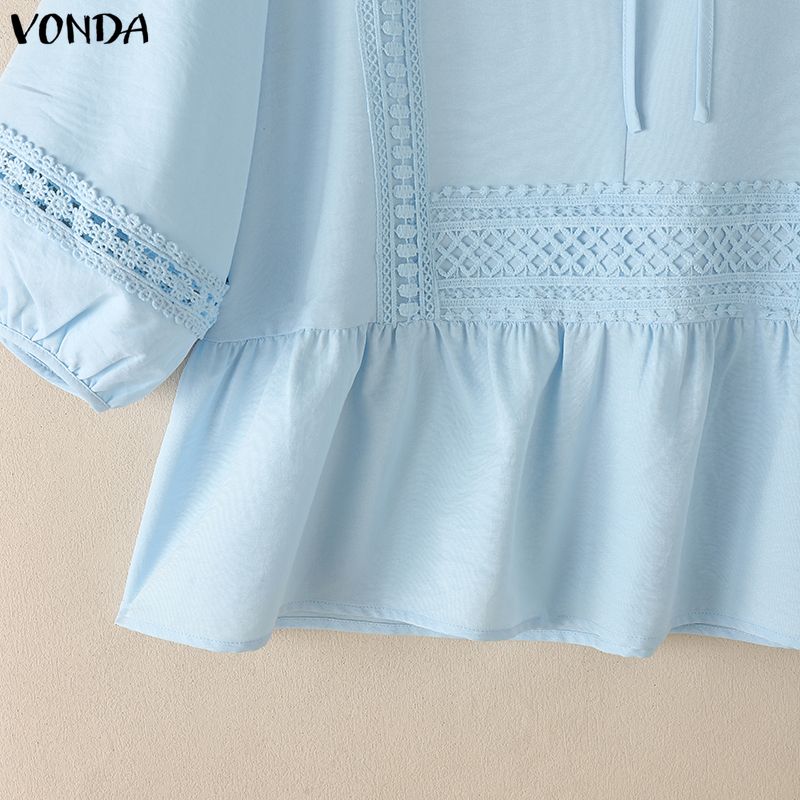 ZANZEA Summer Women Round Neck Solid Color 3/4 Sleeve Crochet Casual Blouse