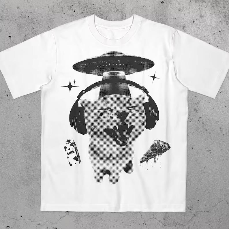 Y2k Funny Alien Cat Meme Tshirt Kitten Shirt Vintage Graphic Tee Weird Cats Tshirt 90s Retro Clothes Animal Lover Gift Casual