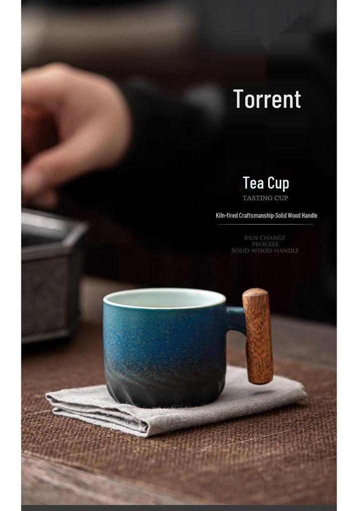 Exquisite Ceramic Tea & Coffee Cup with Wooden Handle - Gradient Glaze, Gift Box Set