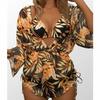 Long Sleeve Mesh Girdle One-Piece Swimsuit Women's High Waist Printed Drawstring Bikini High Waist Skinny
