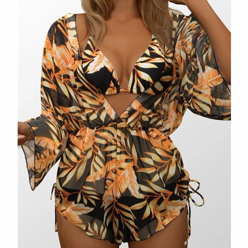 Long Sleeve Mesh Girdle One-Piece Swimsuit Women's High Waist Printed Drawstring Bikini High Waist Skinny