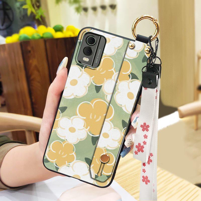 Waterproof Back Cover Phone Case For Nokia C32 Anti-dust Flower Kickstand Wrist Strap Phone Holder Shockproof Wristband