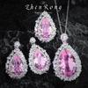 Women Jewelry Set Pink Morganite Ring Emerald Pendant Pink Diamond Earrings Large Drop Pear Necklace