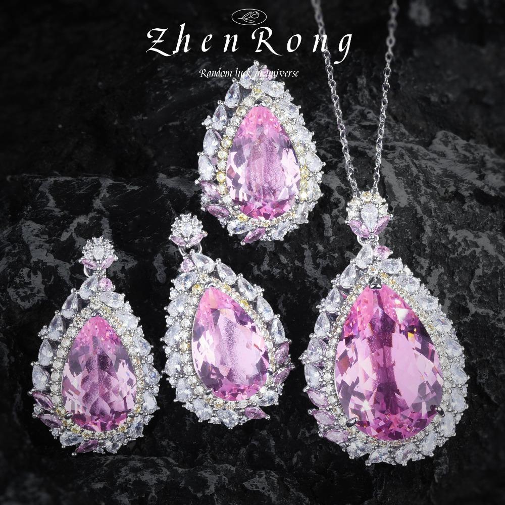 

Women Jewelry Set Pink Morganite Ring Emerald Pendant Pink Diamond Earrings Large Drop Pear Necklace