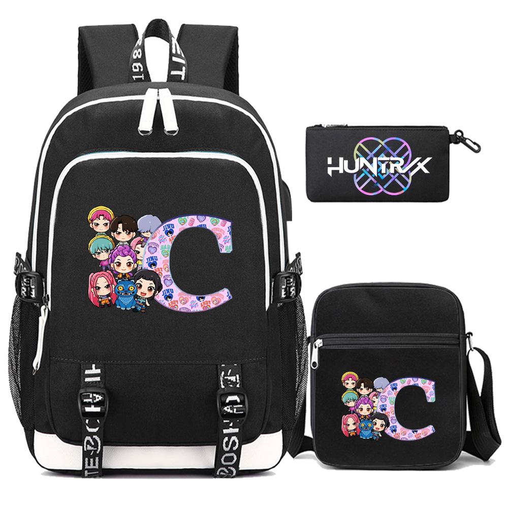 3Pcs/set 26 English Letter Kpop Printed Backpack with Shoulder Bag Pencil Case for Teenager Girl Boy Bookbag Large Capacity Waterproof Travel Bag