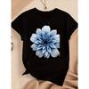 Women's & Unisex Black Short Sleeve T-Shirt with Blue White Dahlia Flower Print - Lightweight Relaxed Fit Round