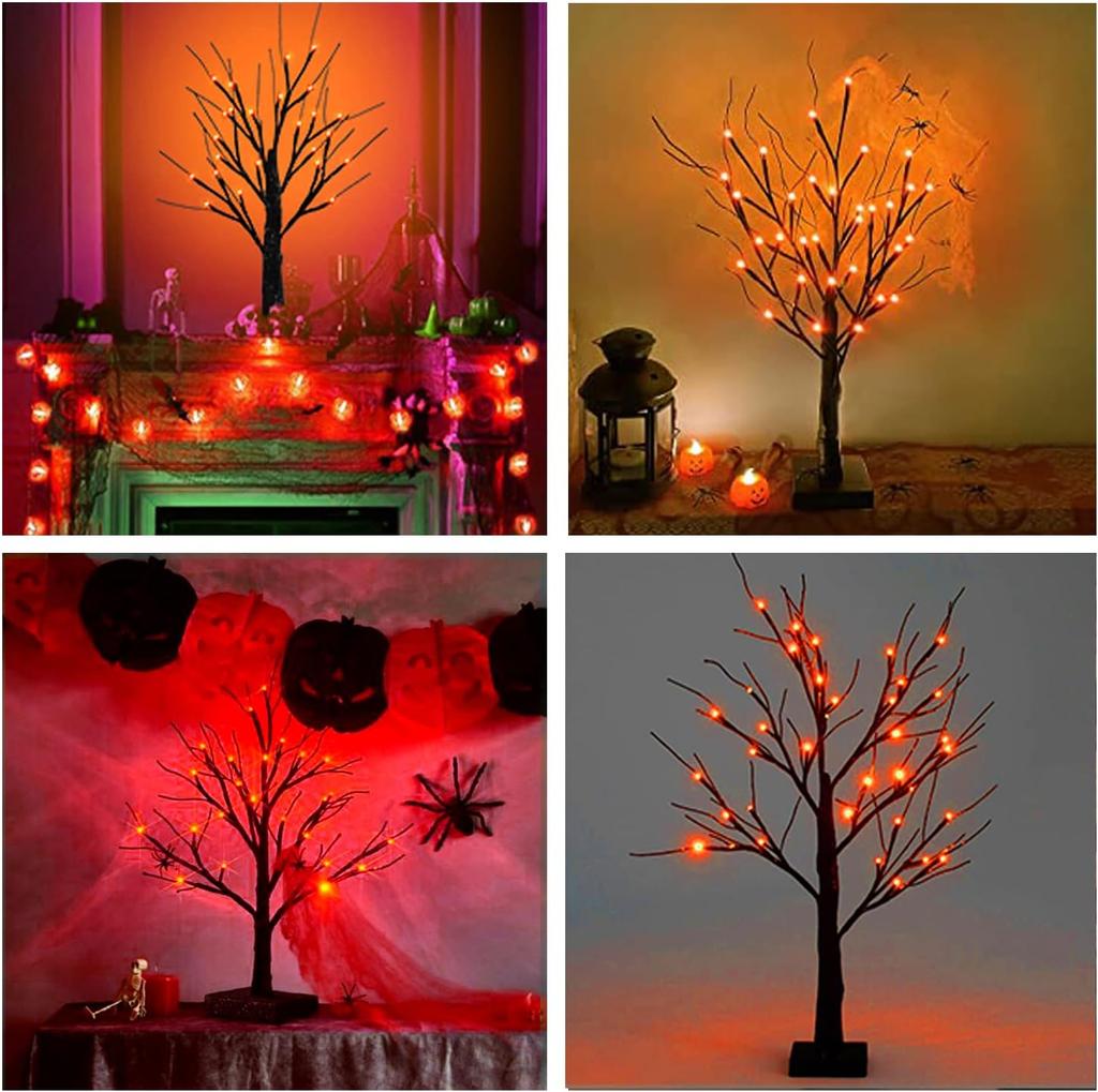 1pc Orange/Purple Glowing Halloween Birch Tree Light with 24L Black Branch Table Lamp Battery&USB For Indoor Holiday Decoration