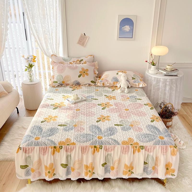 1pc Pure Cotton Thicken Quilted Mattress Cover with Skirt Queen/King Bed Sheet Skirt Elastic Band 200x220cm  (No Pillowcase)