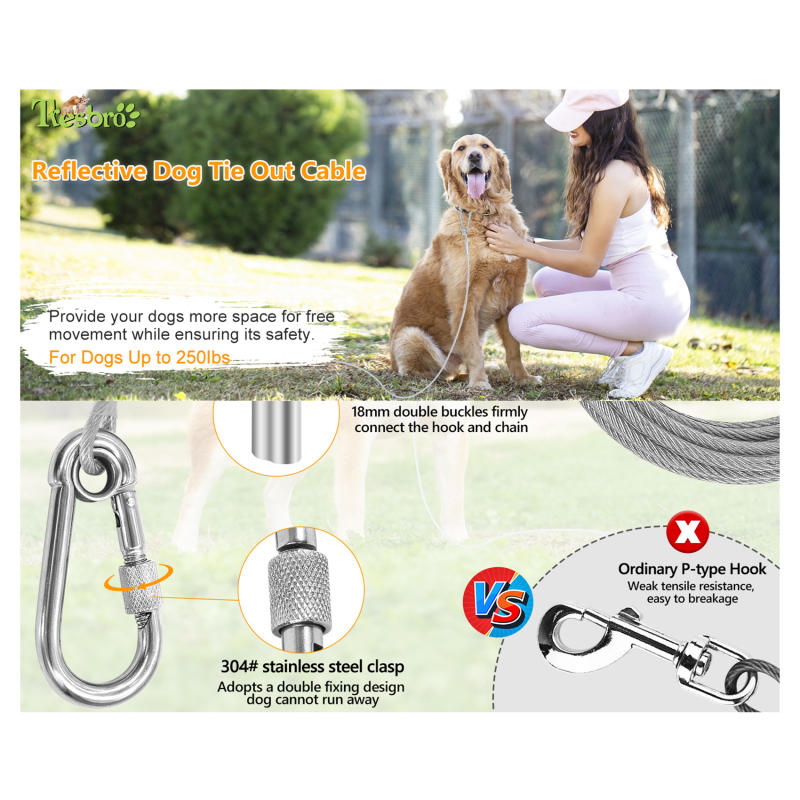 Outdoor Stainless Steel Dog Leash Heavy Duty Dog Tie Out Cable Pet Runner Cable Leads for Yard, Line Tether for Medium Large Dogs