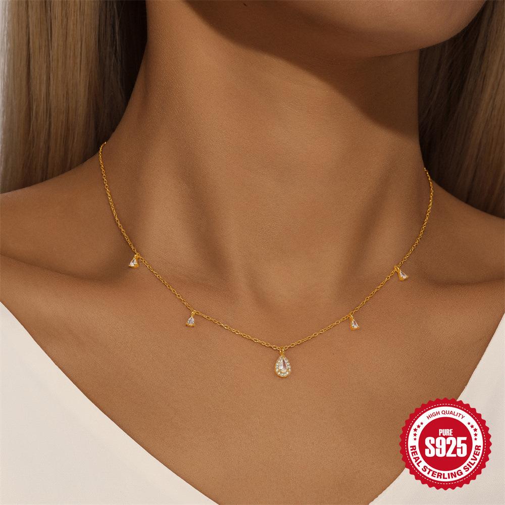 Stylish And Simple S925 Sterling Silver Water Drop Diamond Stacked Women'S Versatile Collarbone Necklace