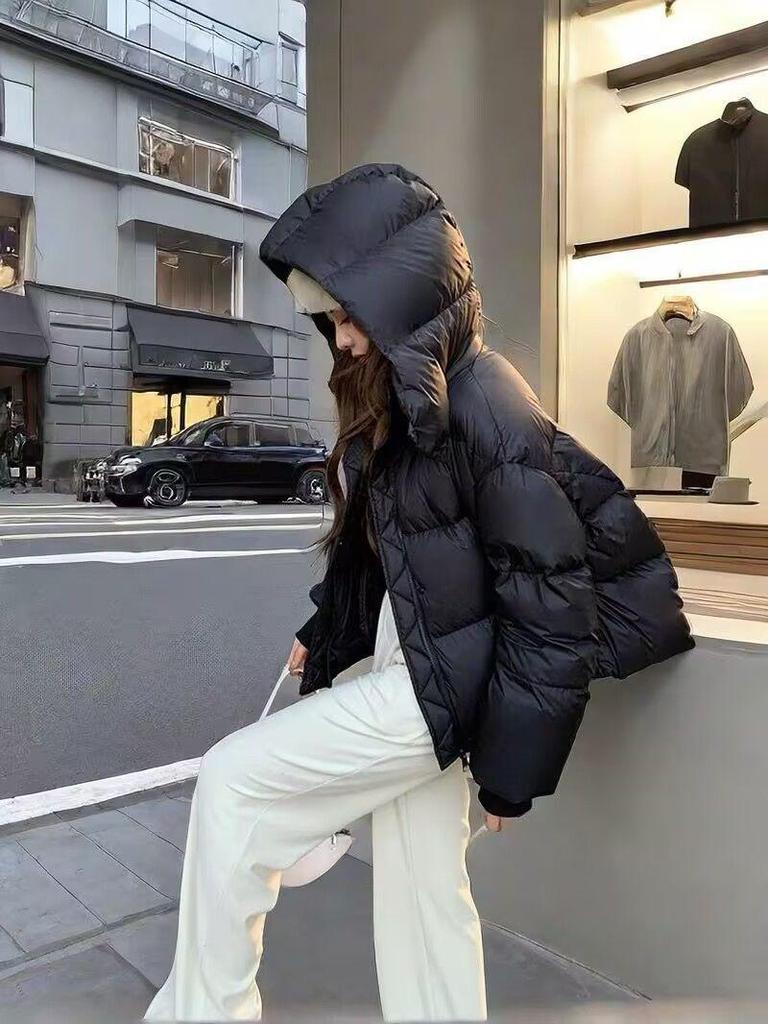 Dunjacka för damer, kort, vit, med dun av vit anka - Koreansk stil, petite passform med tjock chenille