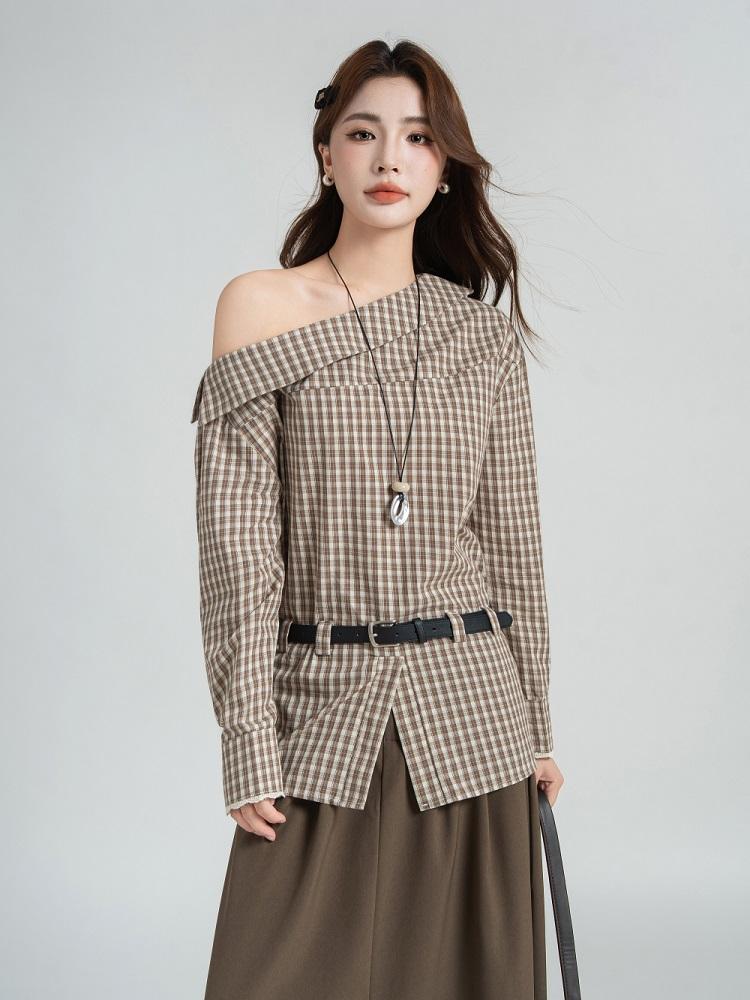 Long Sleeve Plus Size Sexy Off the Shoulder Plaid Casual Spring Autumn T Shirt Tops Women T-shirt