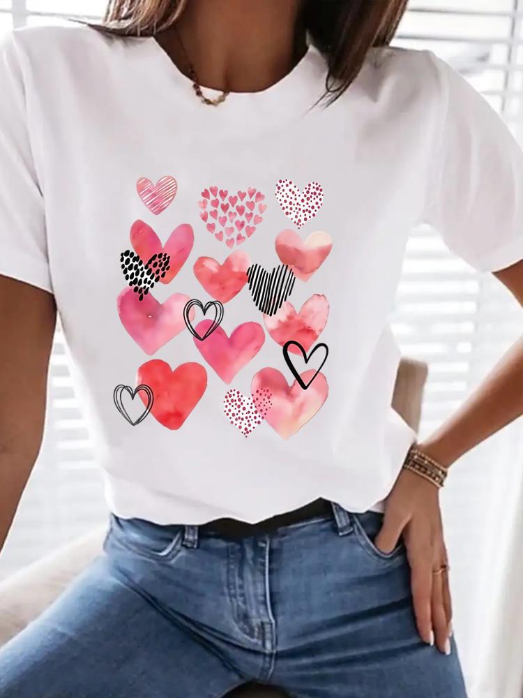 (Asian Size) Tee Top love heart trend 90s Women Clothing T Shirt Woman Print Fashion Female Short Sleeve Graphic T-shirts