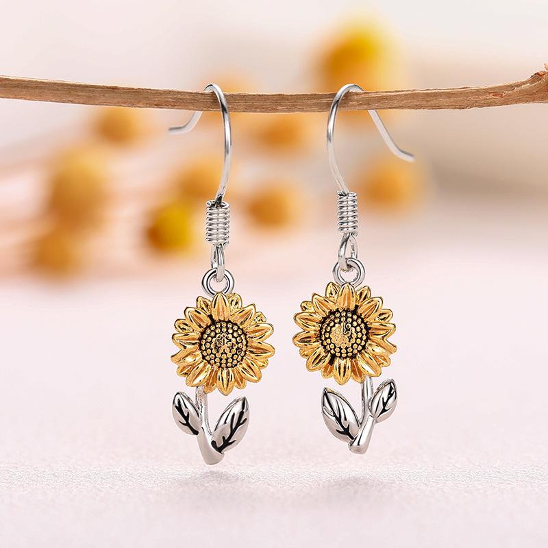 Two Tone Sunflower with Leaf Fish Hook Drop Earrings Vintage Floral Dangle Ear Rings for Women Boho Everyday Jewelry