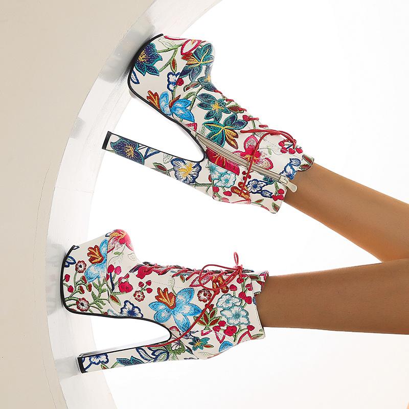 Fashion Flower Ankle Boots Women Platform Autumn Winter Short Boot Lace-up Sexy Ultra Heels Fetish Party Shoes Large Size 46