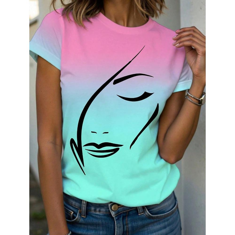Women's Summer Fashion Y2K T-shirt, Elegant Abstract Print T-shirts, Classic Short Sleeve Round Neck T-shirts, Regular Round Neck T-shirts