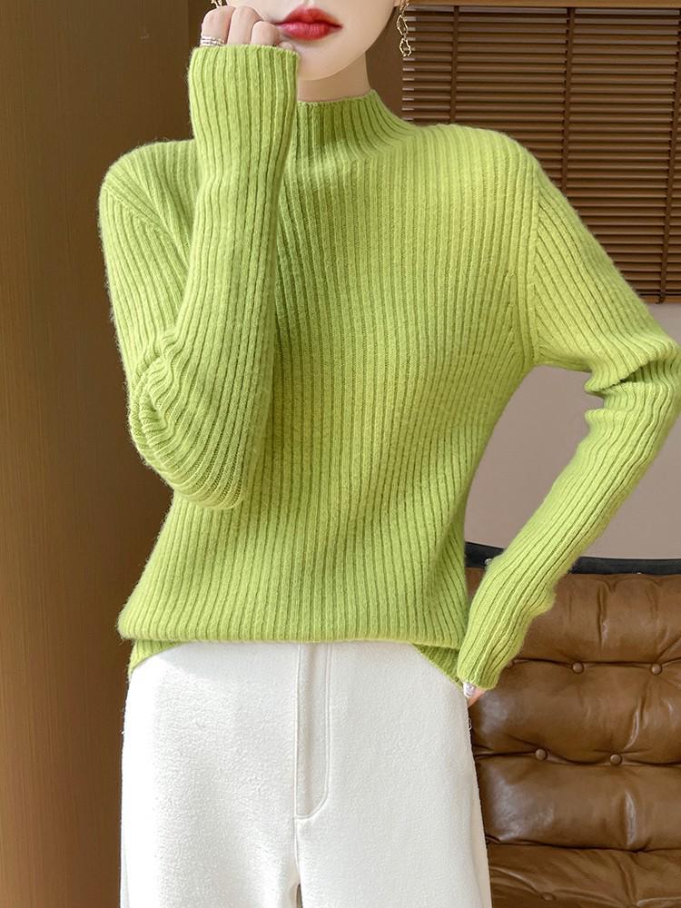 Women's Elegant Half-High Collar Wool Pullover Sweater - Autumn/Winter Cashmere Knitted Top