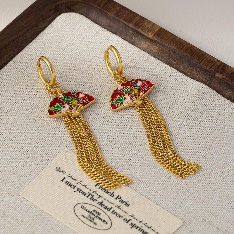 Elegante chinesische Quasten- & Perlenohrringe mit Glasur-Blumendesign für Damen
