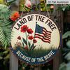 2D Flat, 1Pc Round Patriotic Aluminum Wall Art Sign - American Flag & Floral Design, "Land of the Free" Text, Easy To Hang with Pre-Drilled Holes