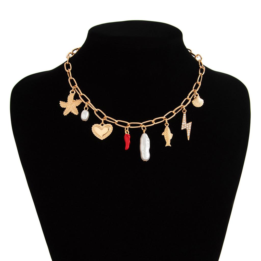 Ocean Inspired Chunky Shell Starfish Pendant Necklace Summer Beach Jewelry Gift Elegant Clavicle Chian for Women