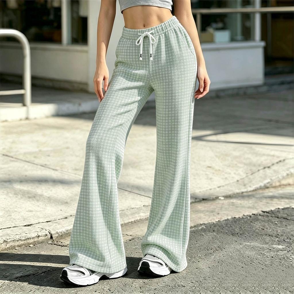 Women's Plaid Flare Pants with Waist for Casual and Home Wear