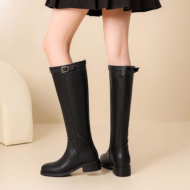 Krazing Pot Cow Split Skin Round Toe Med Heels Knight Boots Size 46 Size 45 Slip On Plus Size Women Metal Buckle Thigh High Boots