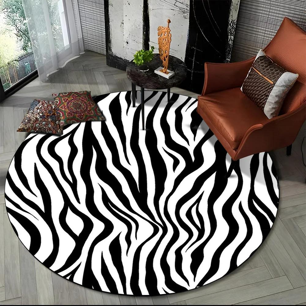 3D Barevný Pruhovaný Vzor Zebra Kulatý Koberec pro Obývací Pokoj, Ložnici, Dětský Herní Koutek Dekor, Protiskluzová Podložka do Zóny pro Domácí Mazlíčky
