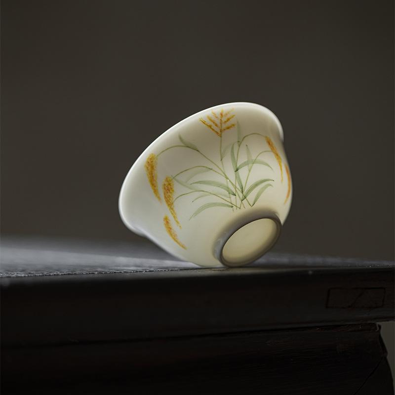 Hand-Painted Wheat White Porcelain Tea Cup - Large Zen Master Cup for Home, Pu-erh Tea andmade Ceramic Drinking Gift