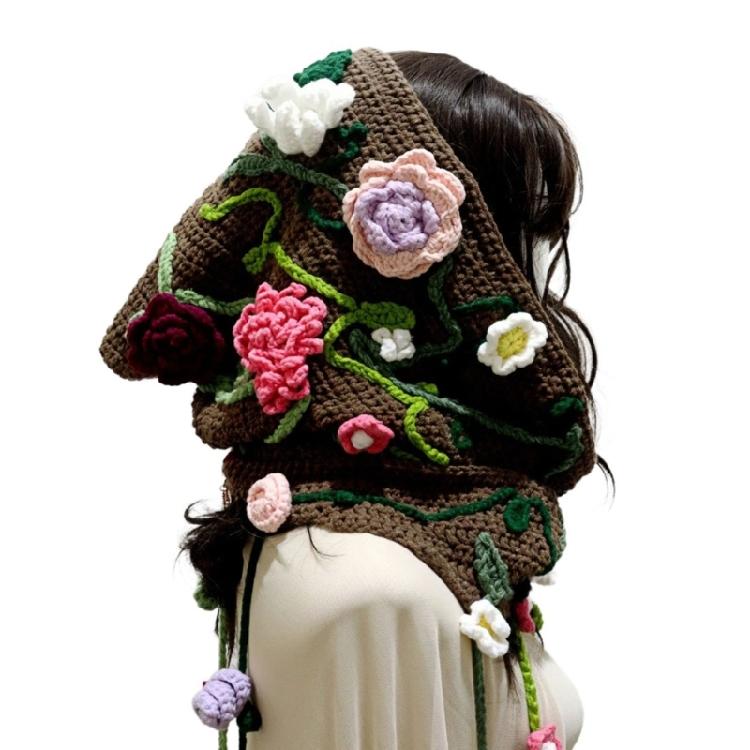 Ladies Forest Style Flower Blossomed Hooded Hat Large Brimmed Warm Headgear Knitted Hat Handmade Crochet Capelet 1