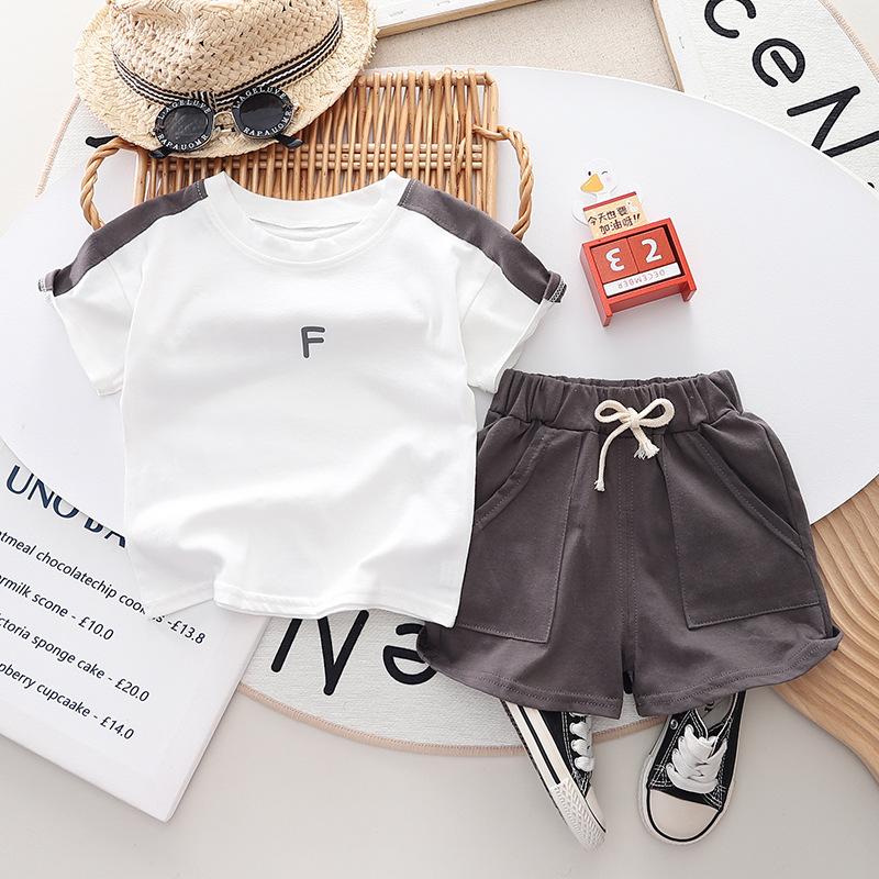 Нові літні комплекти одягу для хлопчиків, модні бавовняні футболки з літерами + шорти з інструментами, 2 предмети, дитячі костюми для немовлят Спортивний костюм