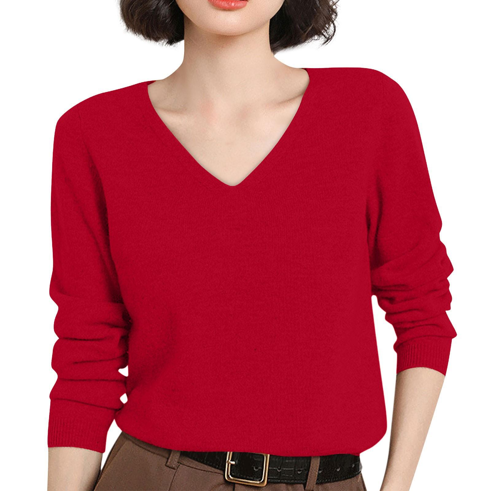 

Женский вязаный свитер с длинными рукавами и v-образным вырезом, свободный тонкий топ M киноварь