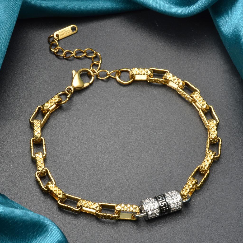 2026 Paper Pattern Black Gold Cylindrical Inlaid Zircon Square Splicing Bracelet, The Same Personality Bracelet for Men and Women
