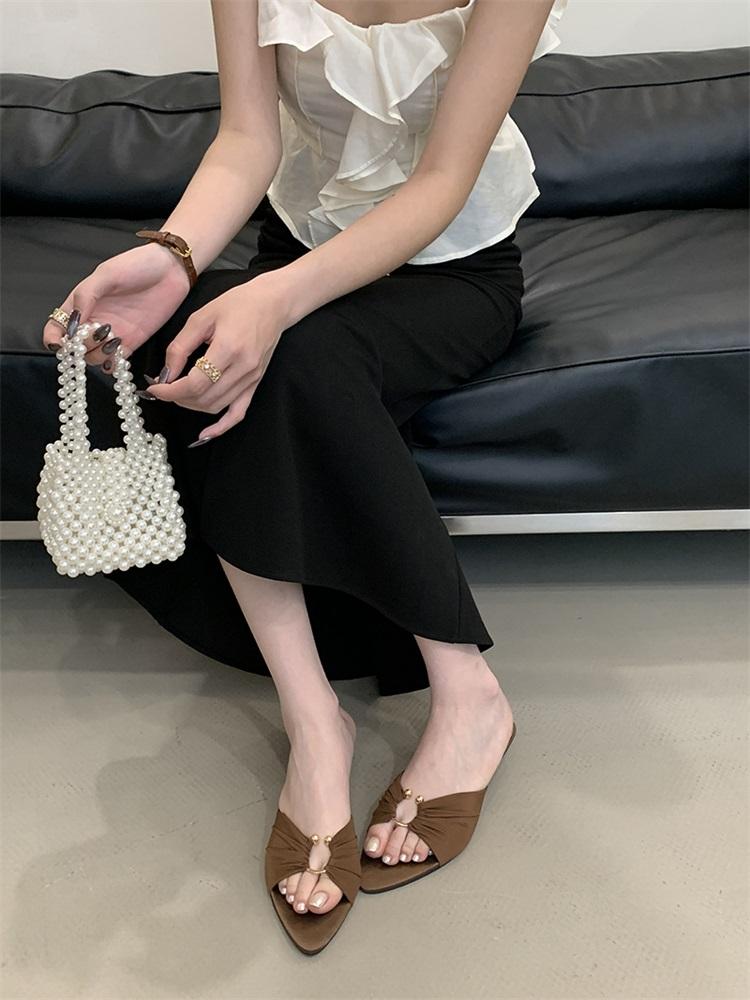 Fashion Eilyken New Design Pleated Hollow Out Thin Low Heels Women Slippers Fashion Pointed Toe Party Dress Female Summer Shoes