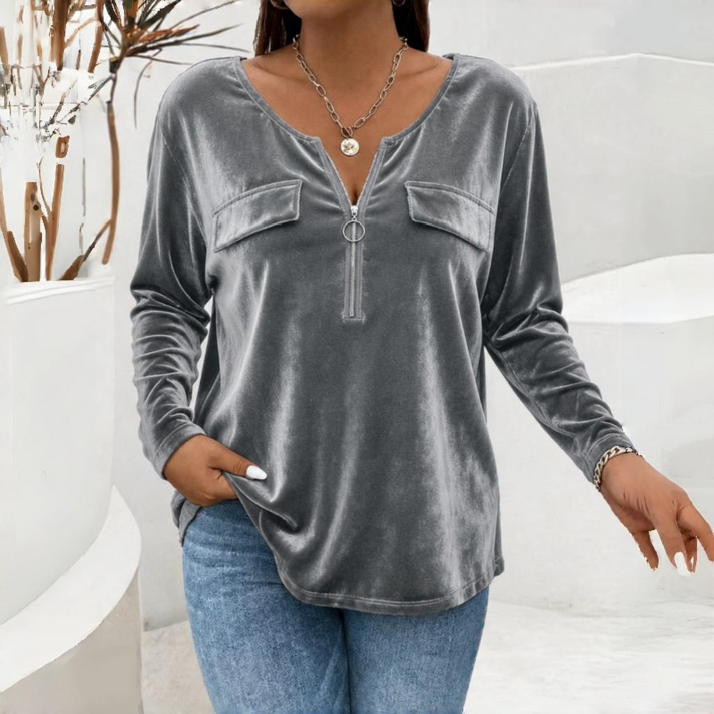 Women's Vintage V-Neck Zipper Front Long Sleeve Pullover Color