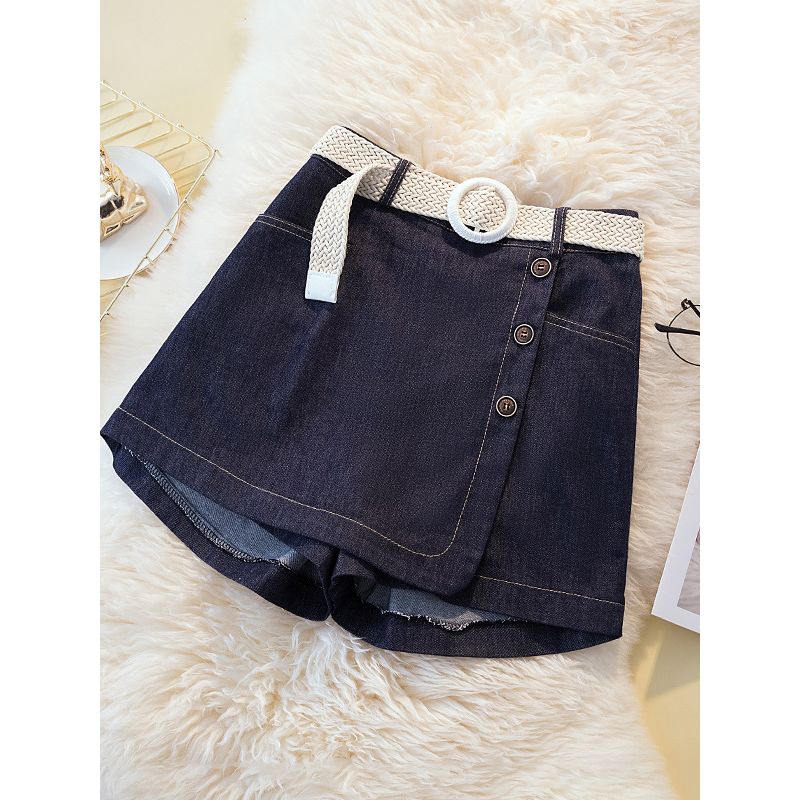 South Korea Dongdaemun Fashion Commuter Ol Summer High Waist A- line Cover Casual Denim Short Culotte Send Belt M-4XL
