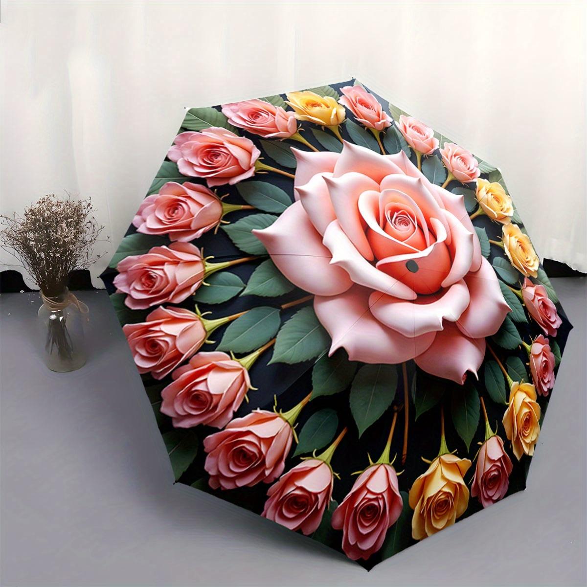 

Automatic Folding Umbrella with Large Central Rose & Smaller Roses - Portable Collapsible Design, 8-Rib Iron Frame, Durable 21 Iron&8K