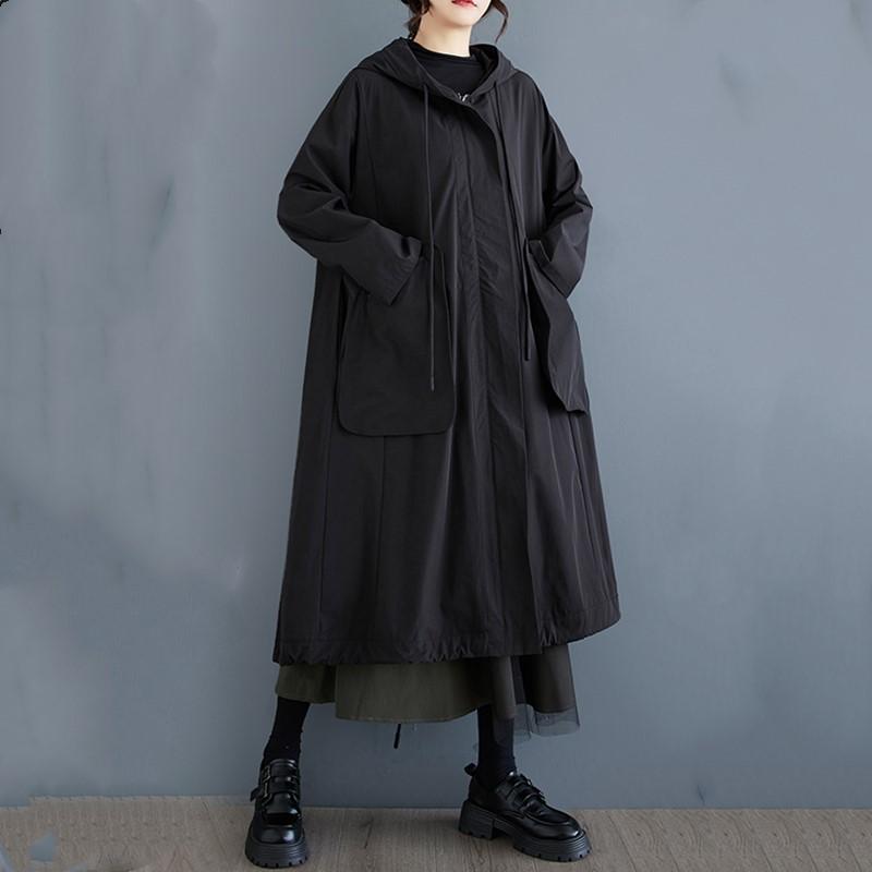 

Длинный рукав свободного покроя с капюшоном, винтажный, черный, повседневный, свободный, осень-весна, тренч для женщин, верхняя одежда