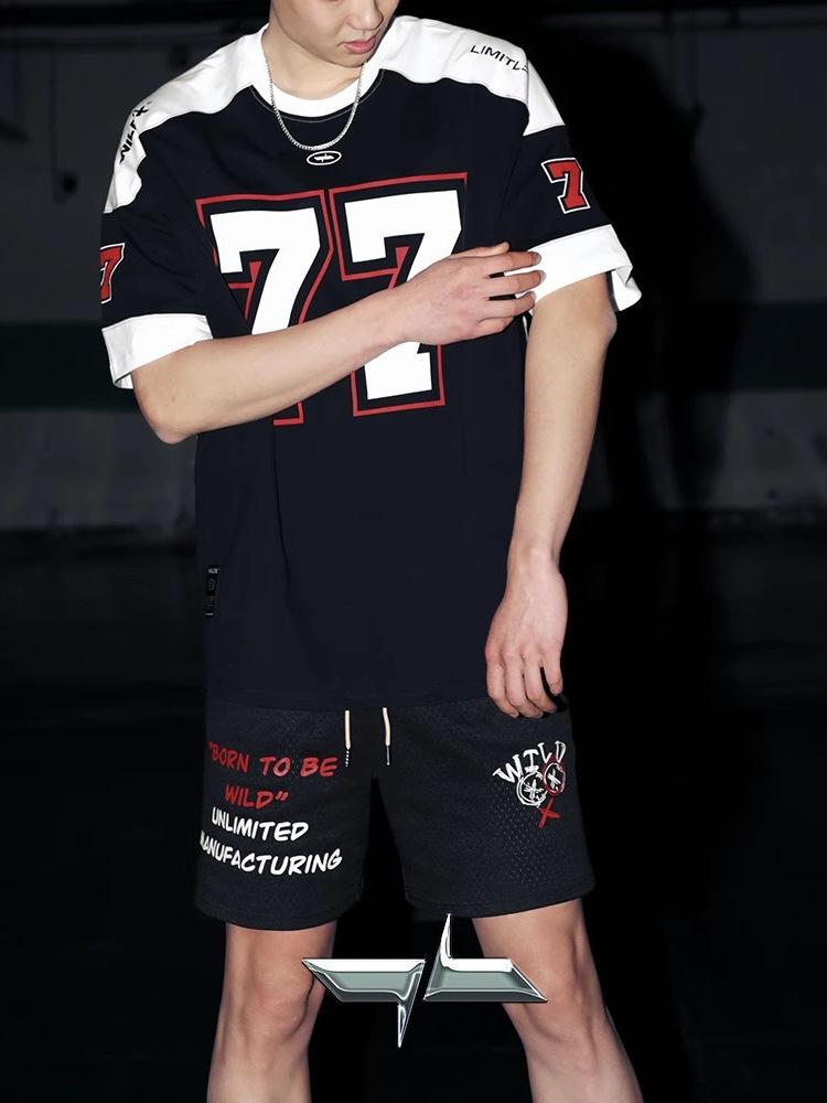 Number 77 Retro Ice Hockey Jersey – Short Sleeve Patchwork T-Shirt