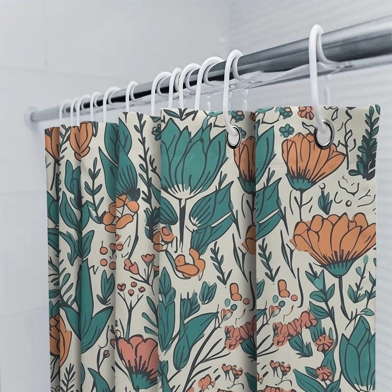 Floral Print Shower Curtain Waterproof Bathroom Decor Fabric Shower Caves With Hooks, Green Orange 3D Pattern (72X84 Inches)