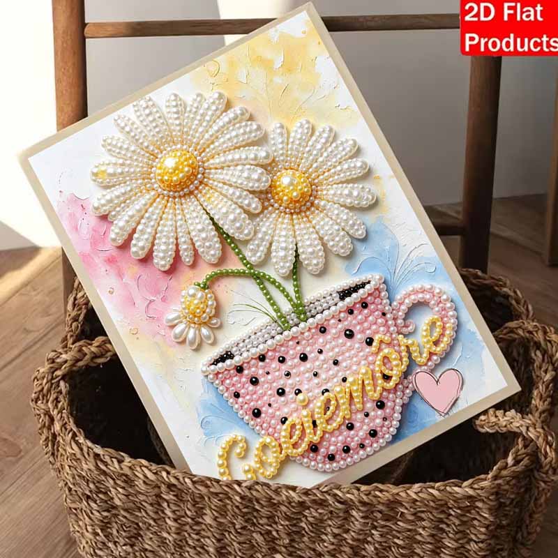 DIY Frameless Pearl Painting Kit Daisy Flowers in Teacup Design 3D Shiny Bead Art Canvas Relaxing Craft for Home Wall Decor Birthday Gift